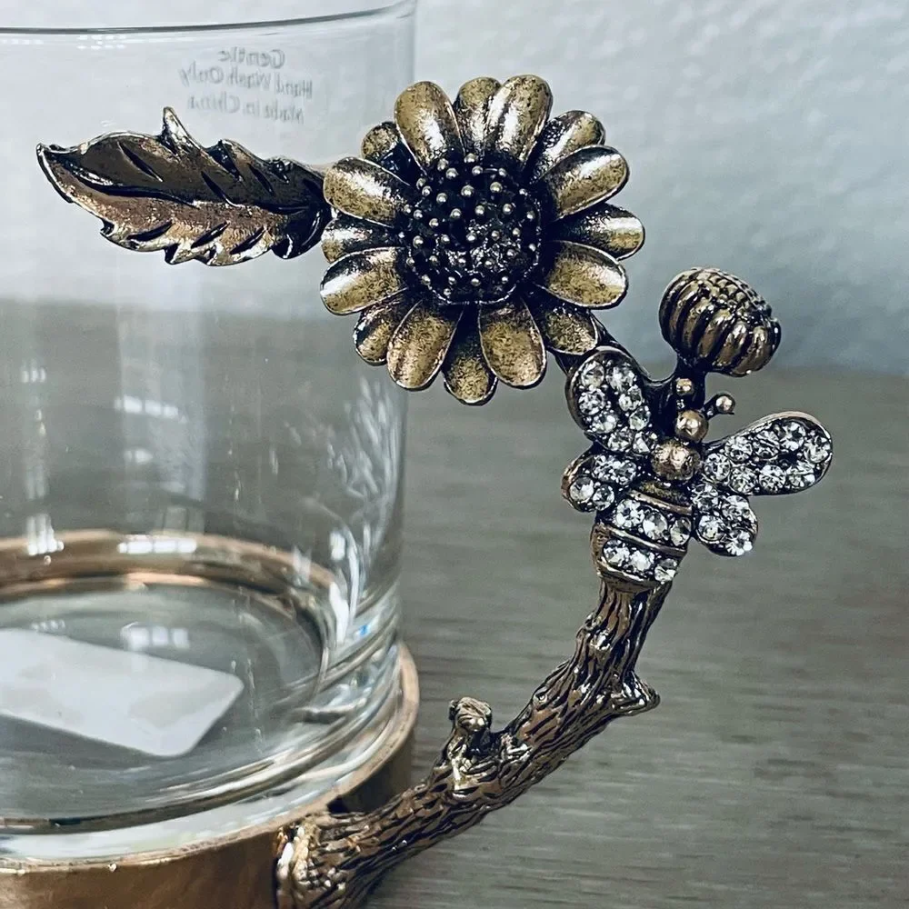 Glass Bronze Crystal Jewel Floral Bee Handle Coffee Mug Cup
